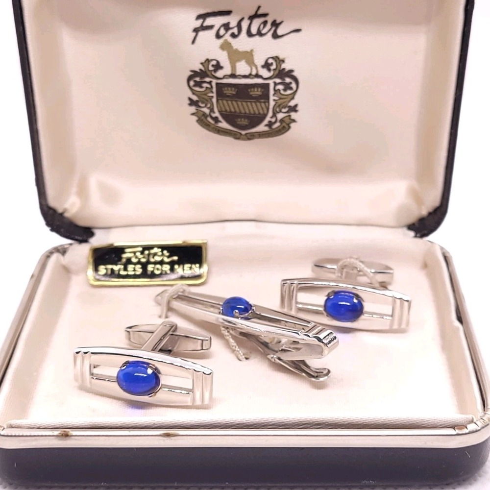 Vintage Foster Cufflinks Tie Bar Set Blue Cabochon Silver Tone Original Box